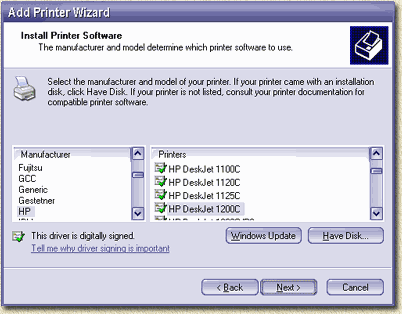 Printer driver kiezen of van disk/CD halen (klik dan op "Have Disk ...")