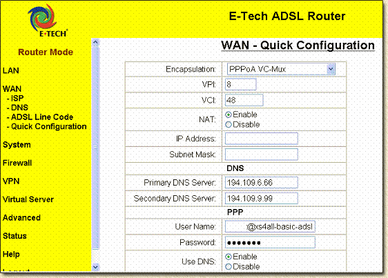 eTech Modem/Router - Main settings