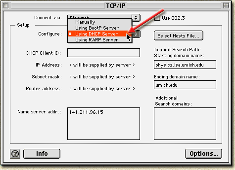Macintosh - Kies "Using DHCP Server"