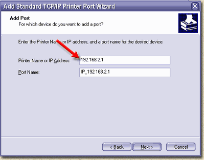 Vul het IP-adres van de router in voor de TCP/IP poort van de printer