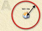 GPS - Trilateration stap 1, teken een cirkel rond stad A met een straal van 120 Km