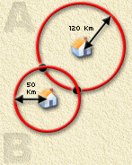 GPS - Trilateration stap 1, teken een cirkel rond stad B met een straal van 50 Km