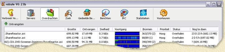 eMule - Downloads/Overdrachten status