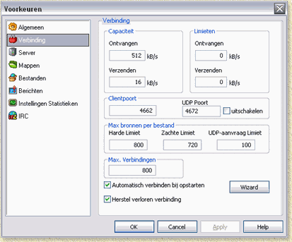 eMule - Verbinding instellingen