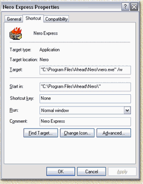 Nero Express - shortcut properties