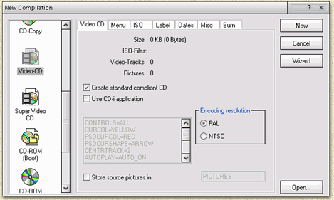 Nero: VideoCD settings in the New Compilation window