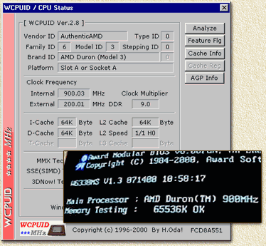 WCPUID results, and startup screen of the computer: running a Duron600 @ 900 Mhz !