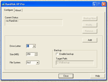 RamDisk XP Pro window