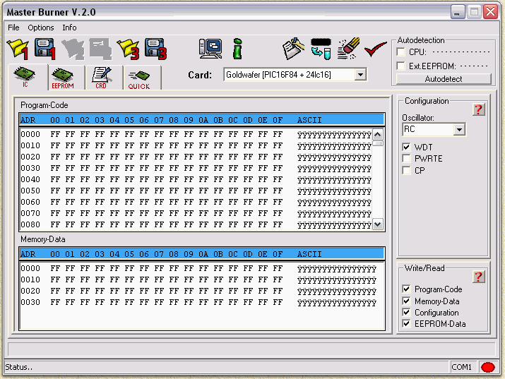MasterBurner - Selecteer PIC en EEPROM bestanden voor de GolCard