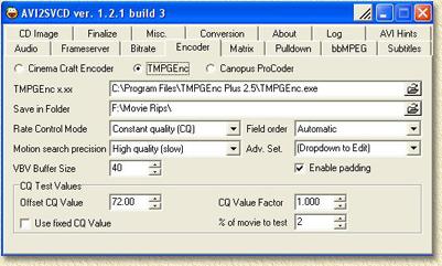 AVI2SVCD - Encoder tabblad