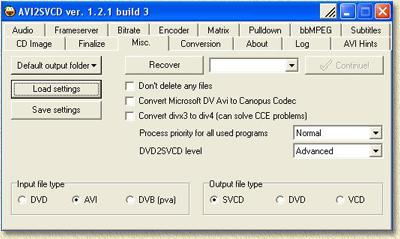 AVI2SVCD - Misc tabblad