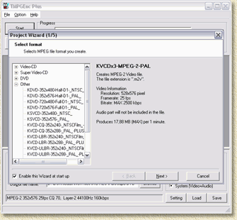 TMPGEnc starts met de Wizard - De K(S)VCD templates zijn al zichtbaar