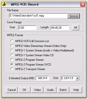 Womble MPEG2VCR: Opslaan van het fragment